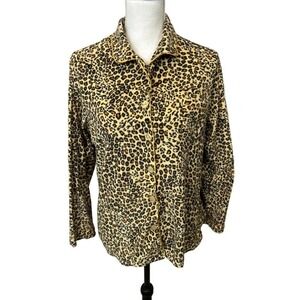 Aria Large Leopard Print Fleece Pajama‎ Top Button Front Long Sleeve Sleep Shirt